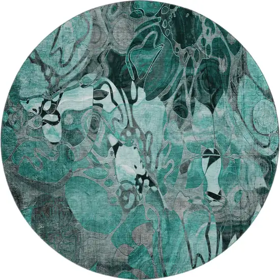 8' Teal And Gray Floral Washable Round Rug With UV Protection Photo 1