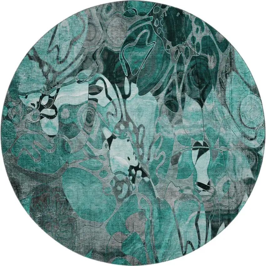 8' Teal And Gray Floral Washable Round Rug With UV Protection Photo 1