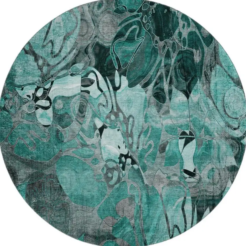 8' Teal And Gray Floral Washable Round Rug With UV Protection Photo 4