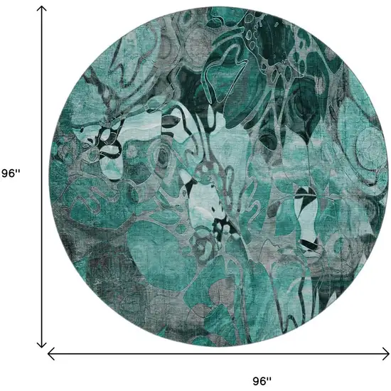 8' Teal And Gray Abstract Distressed Washable Round Rug With UV Protection Photo 9