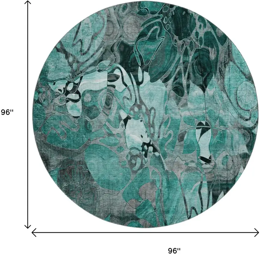 8' Teal And Gray Abstract Distressed Washable Round Rug With UV Protection Photo 9
