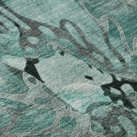 8' Teal And Gray Floral Washable Round Rug With UV Protection Photo 9