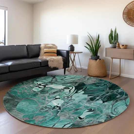 8' Teal And Gray Floral Washable Round Rug With UV Protection Photo 5