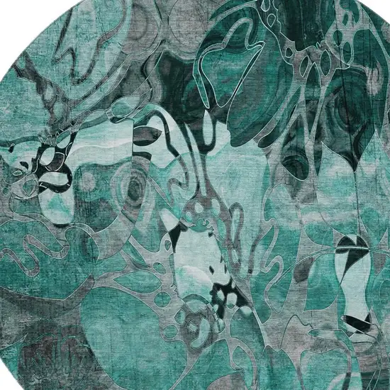 8' Teal And Gray Floral Washable Round Rug With UV Protection Photo 3