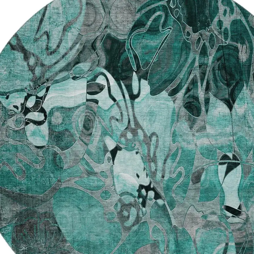 8' Teal And Gray Floral Washable Round Rug With UV Protection Photo 3
