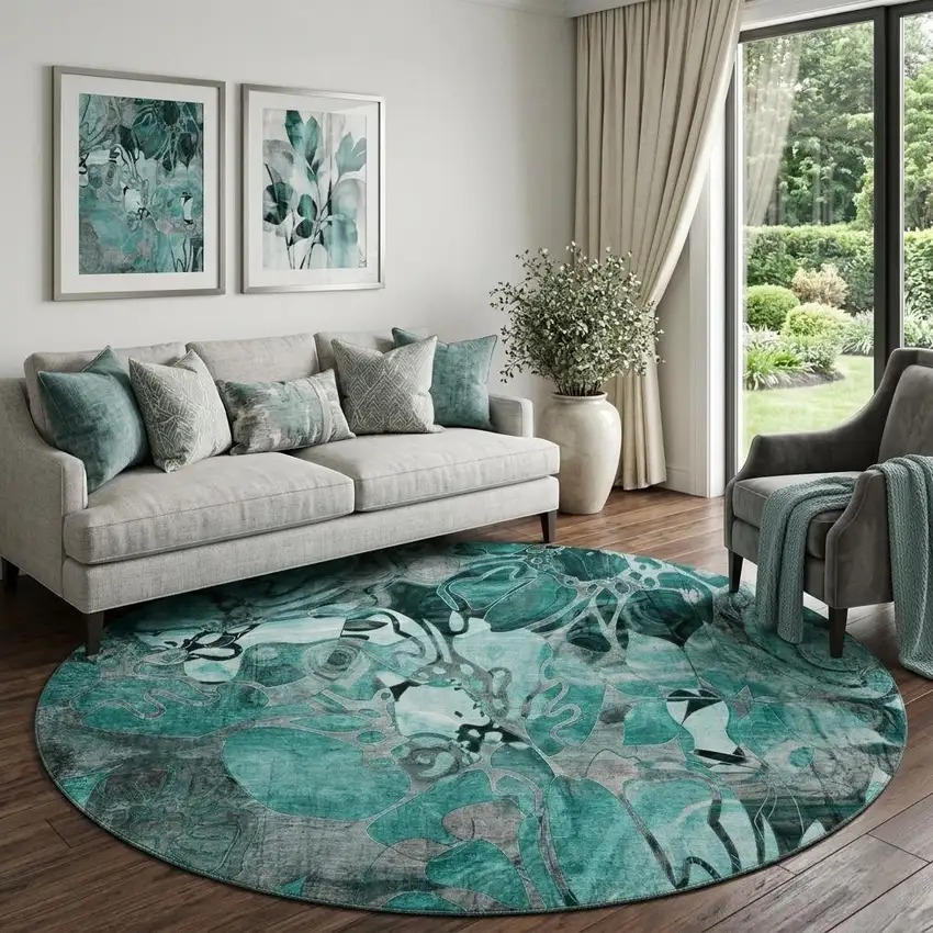8' Teal And Gray Abstract Distressed Washable Round Rug With UV Protection Photo 1