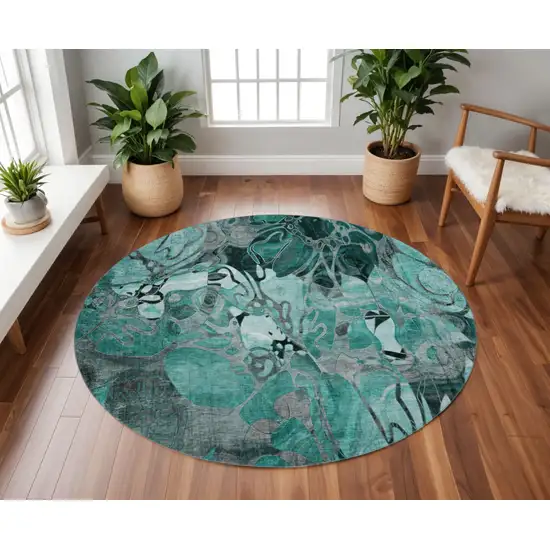 8' Teal And Gray Floral Washable Round Rug With UV Protection Photo 2
