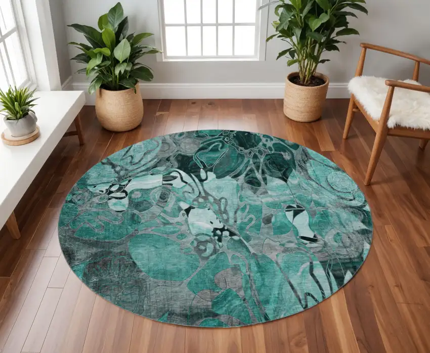 8' Teal And Gray Floral Washable Round Rug With UV Protection Photo 2