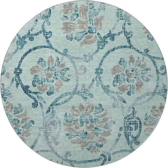 8' Teal And Gray Floral Washable Round Rug With UV Protection Photo 3
