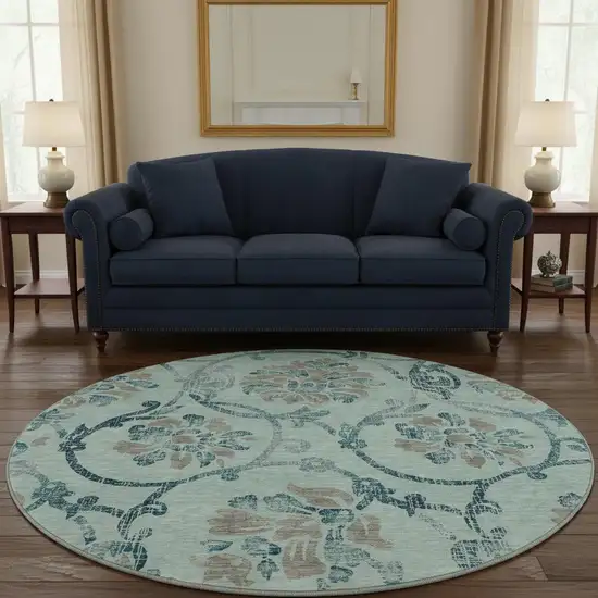 8' Teal And Gray Floral Washable Round Rug With UV Protection Photo 2