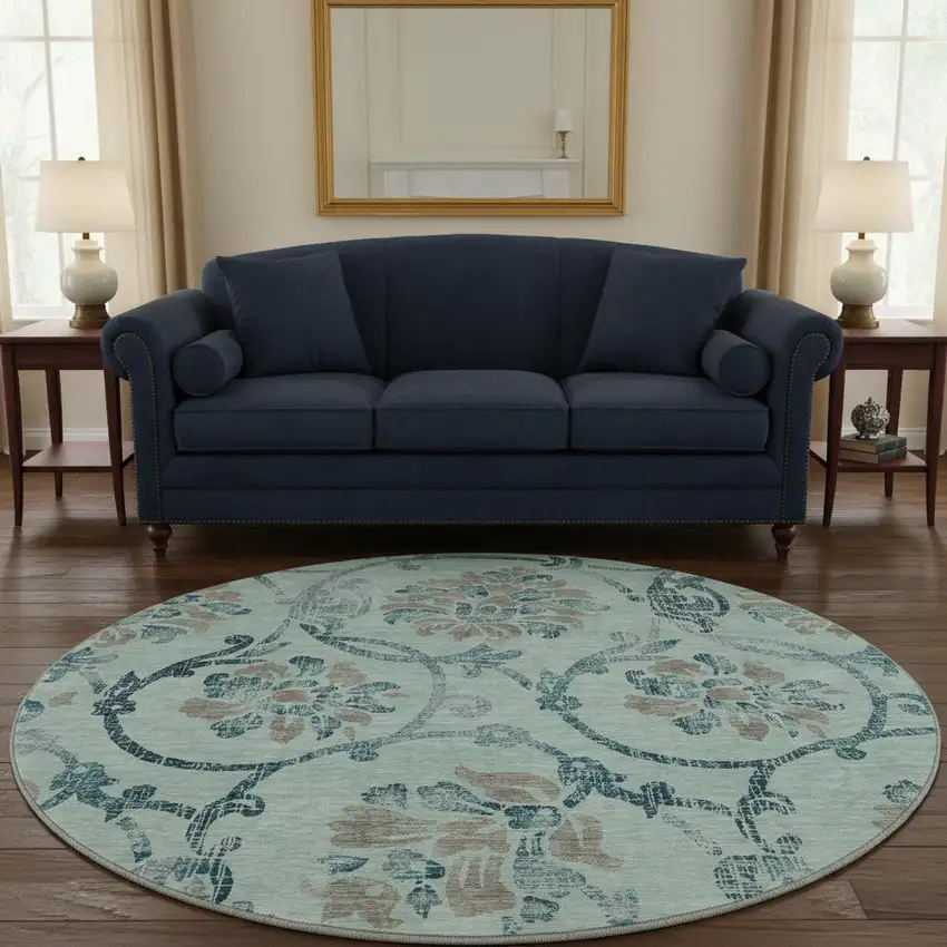 8' Teal And Gray Floral Washable Round Rug With UV Protection Photo 2