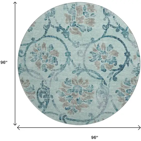 8' Teal And Gray Floral Washable Round Rug With UV Protection Photo 9
