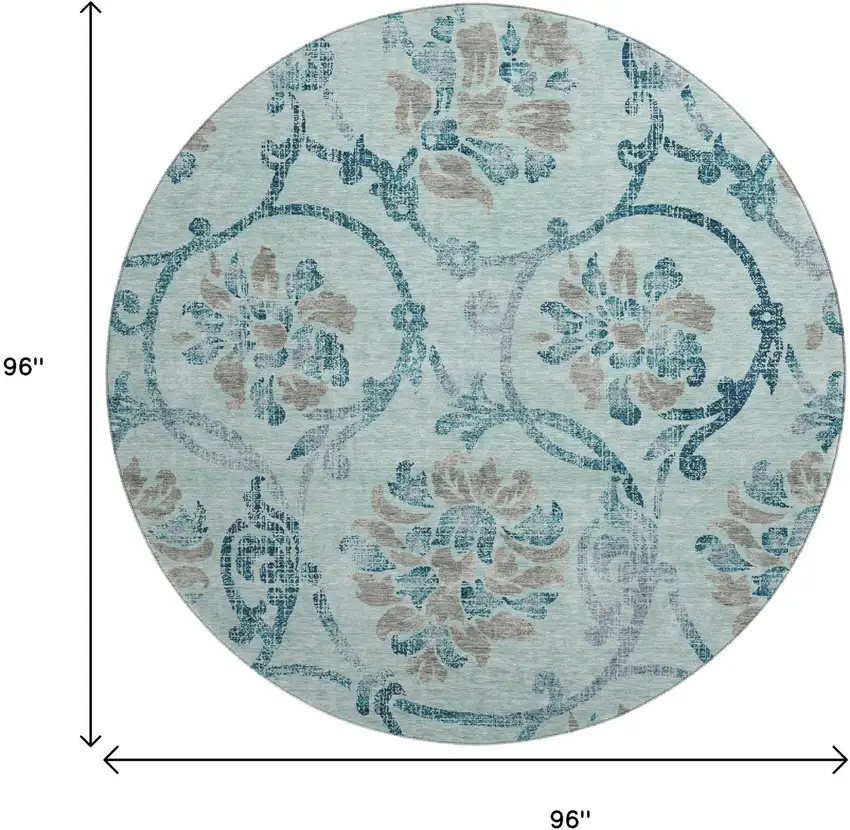 8' Teal And Gray Floral Washable Round Rug With UV Protection Photo 9