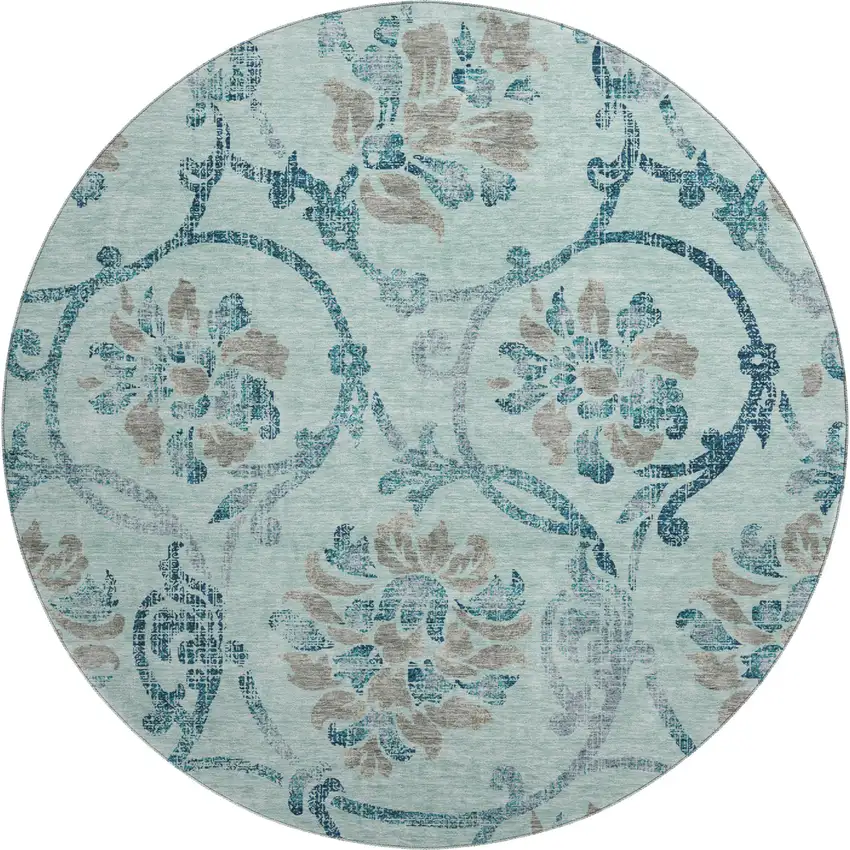 8' Teal And Gray Floral Washable Round Rug With UV Protection Photo 1
