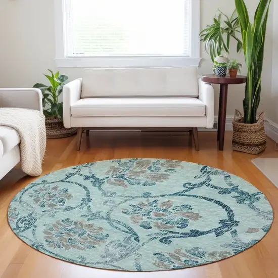 8' Teal And Gray Floral Washable Round Rug With UV Protection Photo 4