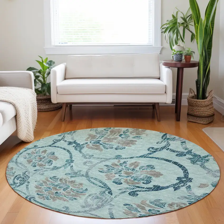 8' Teal And Gray Floral Washable Round Rug With UV Protection Photo 4