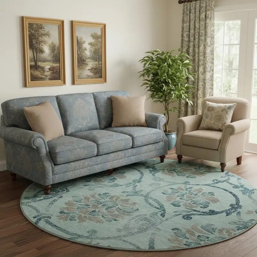 8' Teal And Gray Floral Washable Round Rug With UV Protection Photo 1