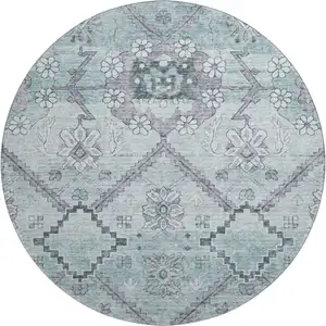 Photo of 8' Teal And Gray Floral Washable Round Rug With UV Protection