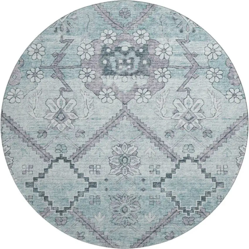 8' Teal And Gray Floral Washable Round Rug With UV Protection Photo 1