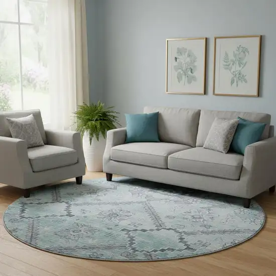 8' Teal And Gray Floral Washable Round Rug With UV Protection Photo 1