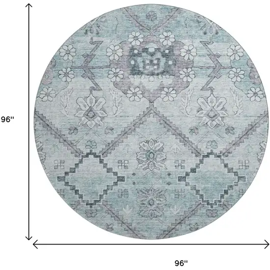 8' Teal And Gray Floral Washable Round Rug With UV Protection Photo 9