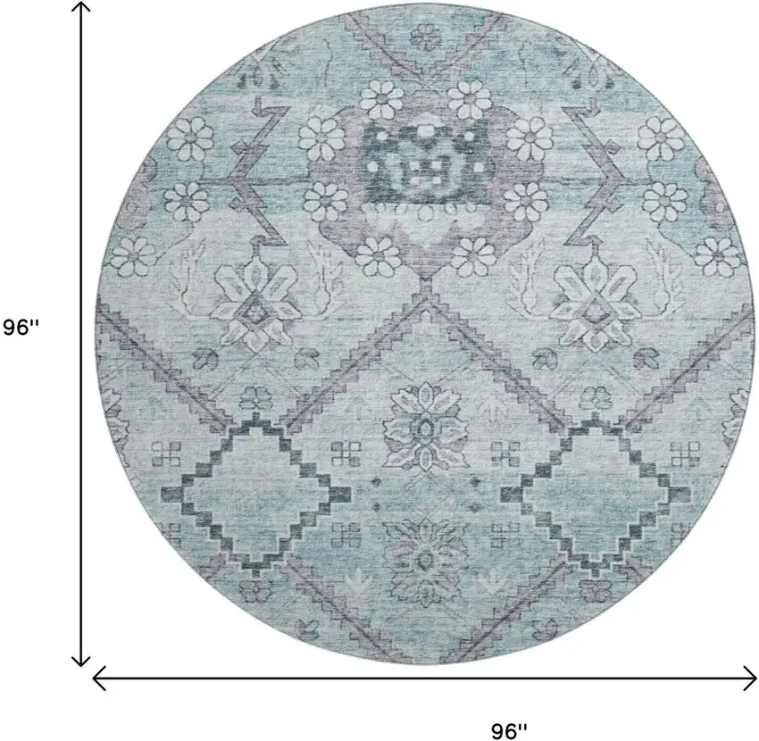 8' Teal And Gray Floral Washable Round Rug With UV Protection Photo 9