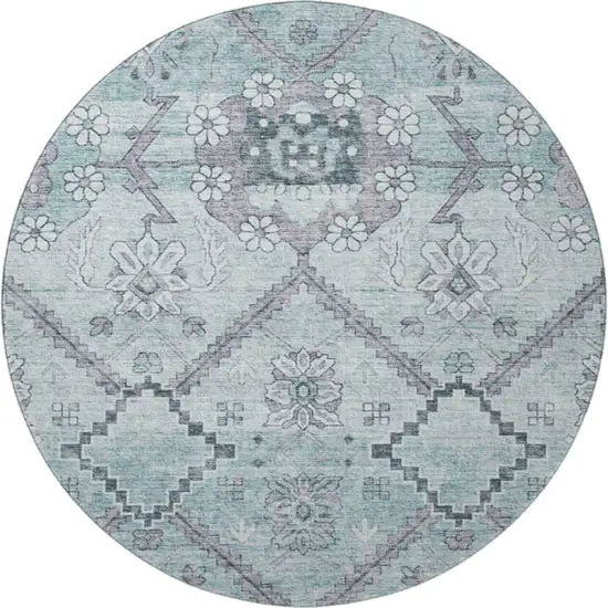 8' Teal And Gray Floral Washable Round Rug With UV Protection Photo 3