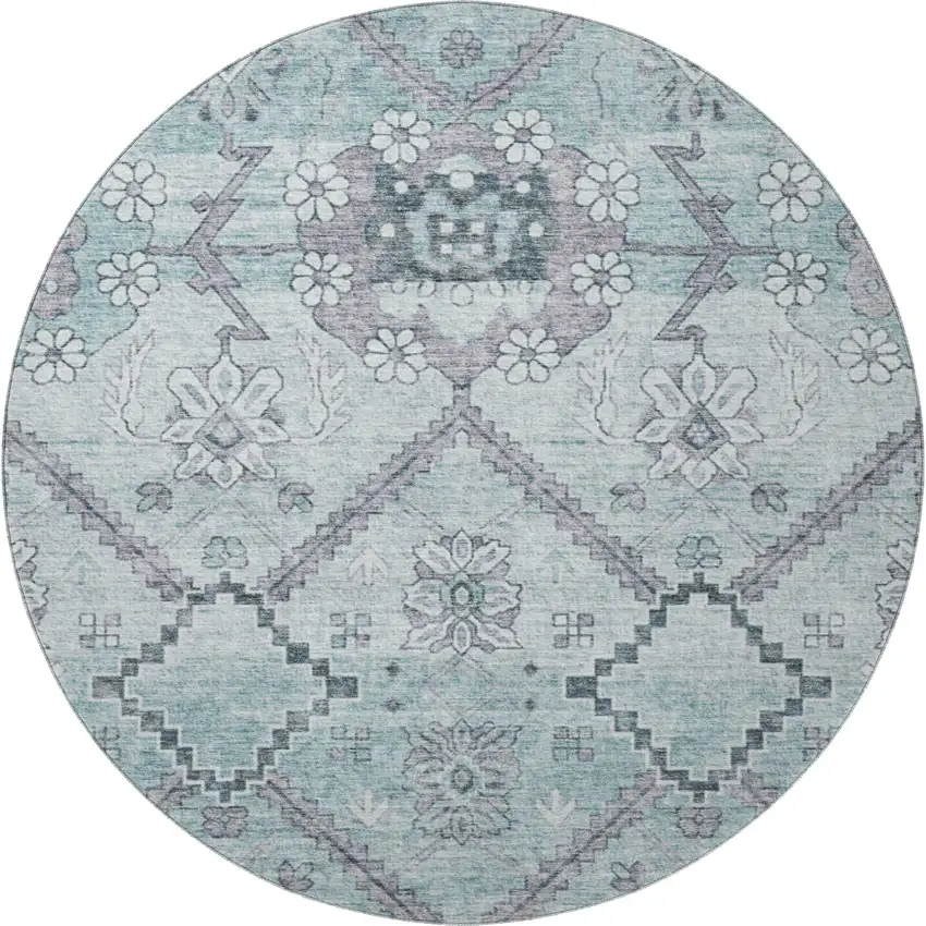 8' Teal And Gray Floral Washable Round Rug With UV Protection Photo 3