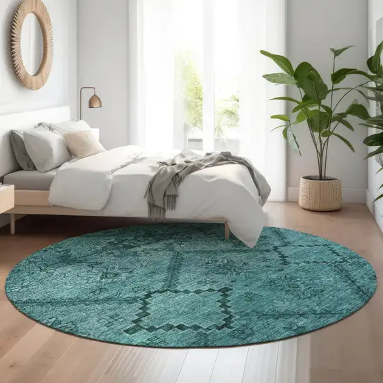 8' Teal And Gray Floral Washable Round Rug With UV Protection Photo 5
