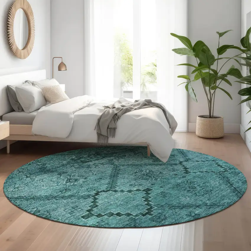 8' Teal And Gray Floral Washable Round Rug With UV Protection Photo 5