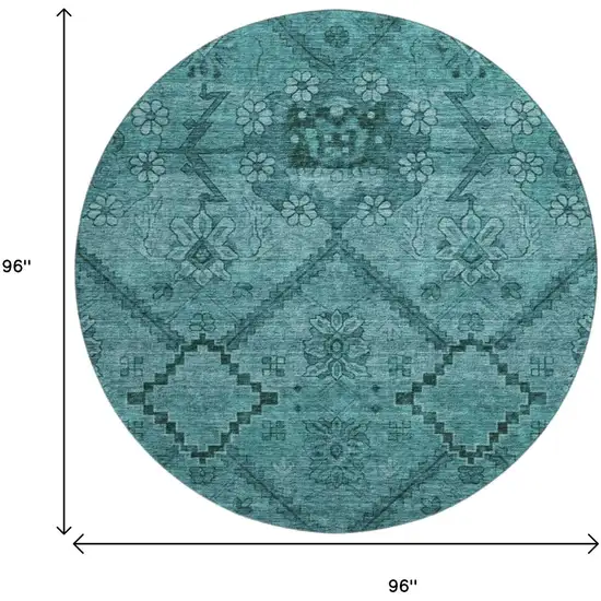 8' Teal And Gray Floral Washable Round Rug With UV Protection Photo 3