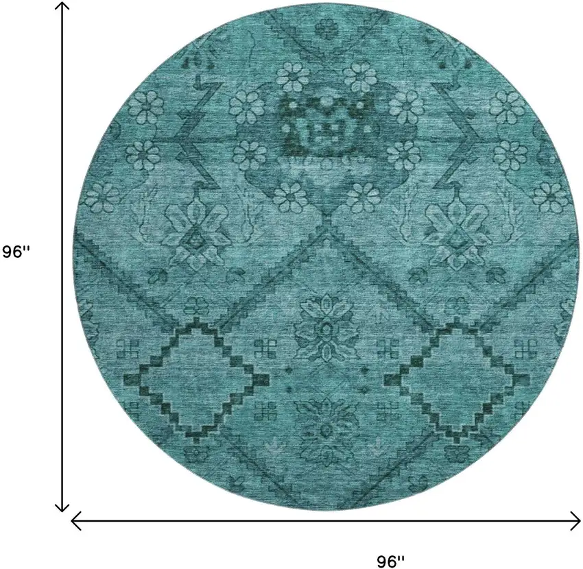 8' Teal And Gray Floral Washable Round Rug With UV Protection Photo 3