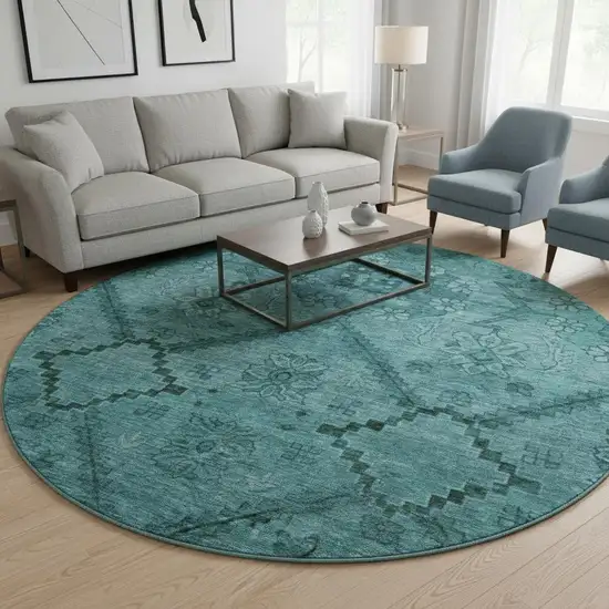 8' Teal And Gray Floral Washable Round Rug With UV Protection Photo 2