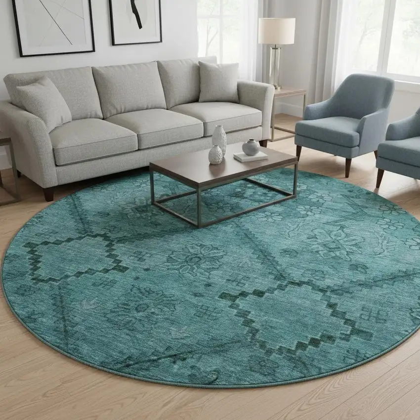 8' Teal And Gray Floral Washable Round Rug With UV Protection Photo 2