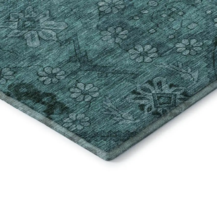 8' Teal And Gray Floral Washable Round Rug With UV Protection Photo 7