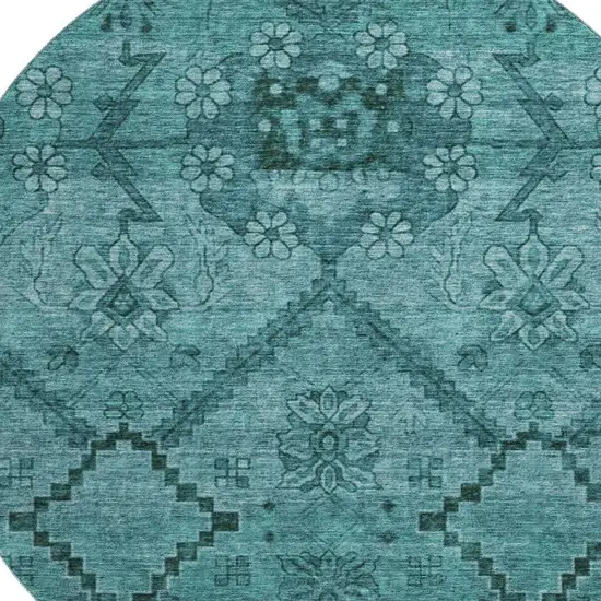 8' Teal And Gray Floral Washable Round Rug With UV Protection Photo 3