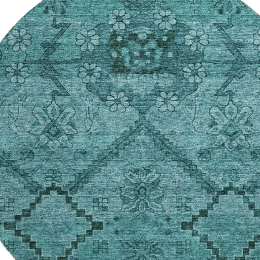 8' Teal And Gray Floral Washable Round Rug With UV Protection Photo 3
