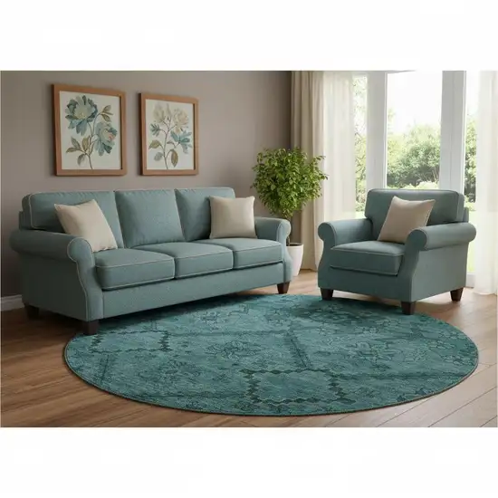 8' Teal And Gray Floral Washable Round Rug With UV Protection Photo 1