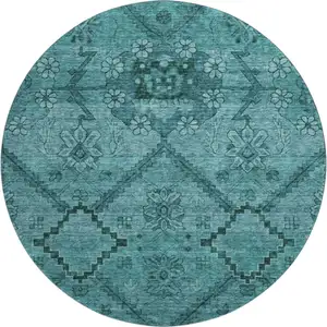 Photo of 8' Teal And Gray Floral Washable Round Rug With UV Protection