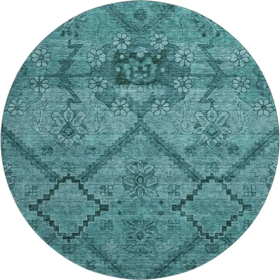 8' Teal And Gray Floral Washable Round Rug With UV Protection Photo 1