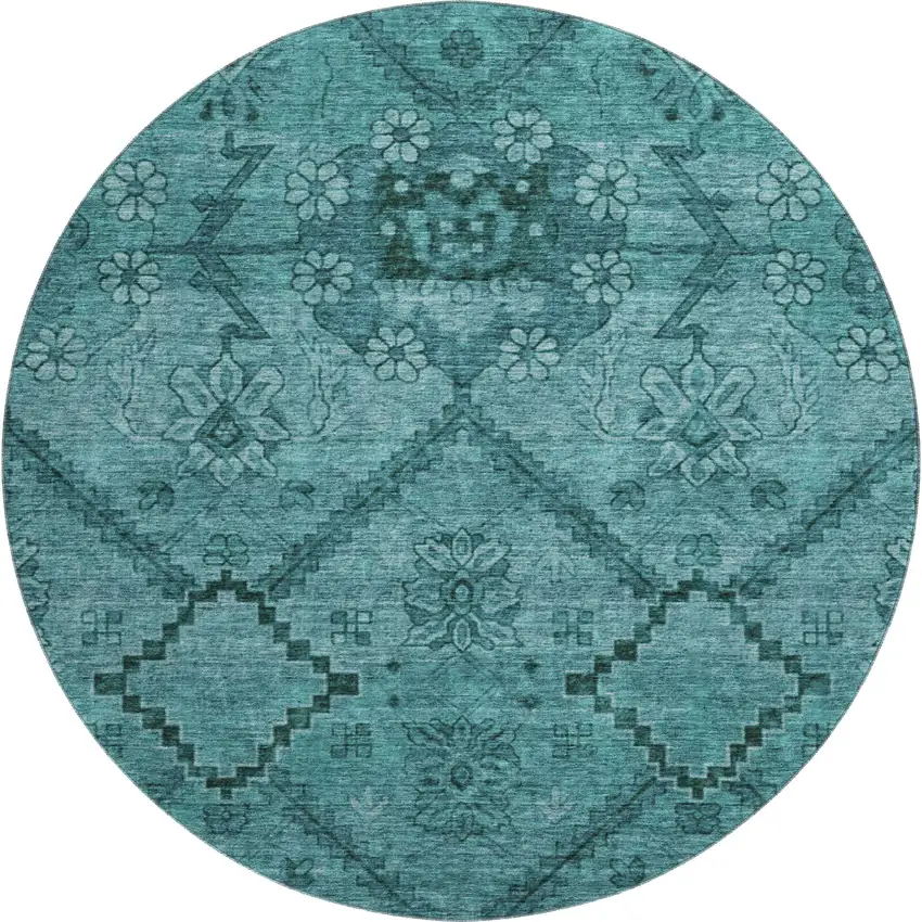 8' Teal And Gray Floral Washable Round Rug With UV Protection Photo 1