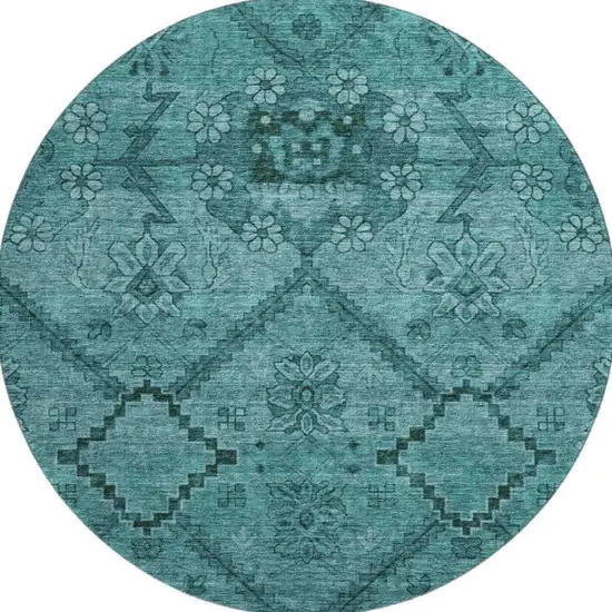 8' Teal And Gray Floral Washable Round Rug With UV Protection Photo 4
