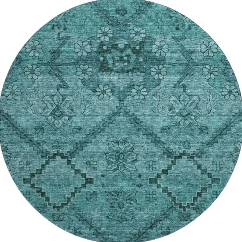 8' Teal And Gray Floral Washable Round Rug With UV Protection Photo 4