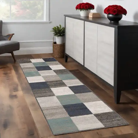 8' Teal Ivory And Gray Geometric Runner Rug Photo 1