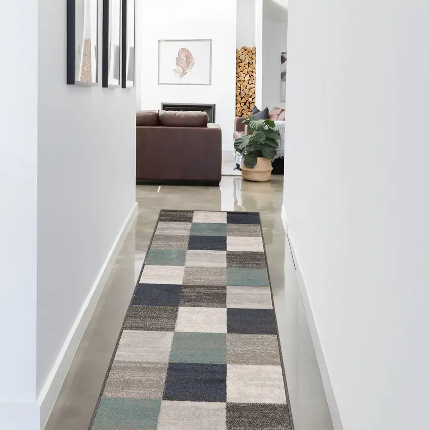 8' Teal And Gray Geometric Power Loom Stain Resistant Runner Rug Photo 5