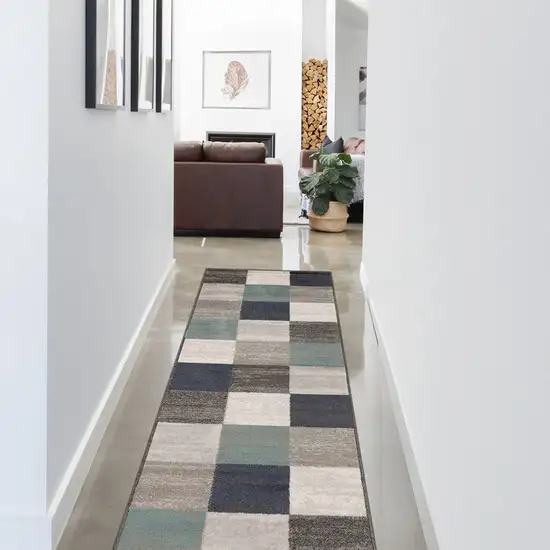 8' Teal Ivory And Gray Geometric Runner Rug Photo 6