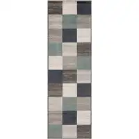 Photo of 8' Teal And Gray Geometric Power Loom Stain Resistant Runner Rug