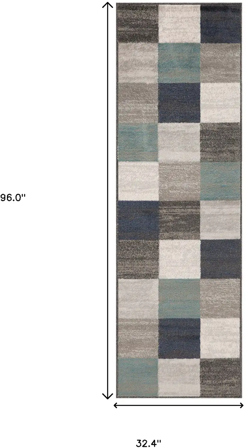 8' Teal Ivory And Gray Geometric Runner Rug Photo 3
