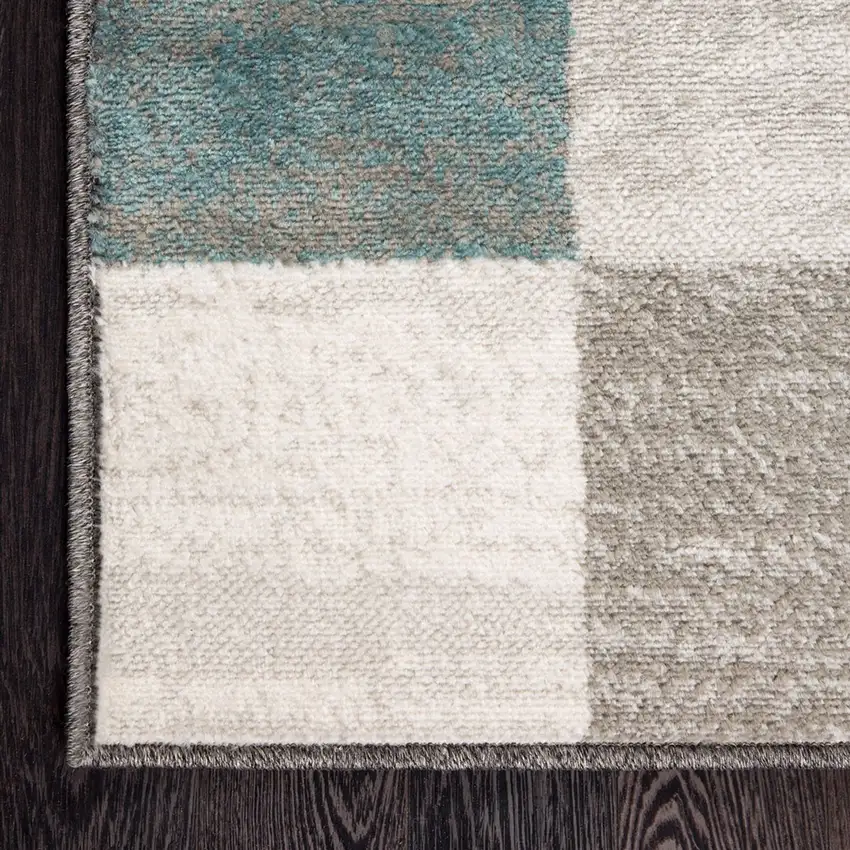 8' Teal Ivory And Gray Geometric Runner Rug Photo 4