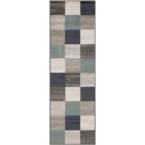 8' Teal Ivory And Gray Geometric Runner Rug Photo 2